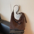 Coffee brown suede hobo tote bag with adjustable shoulder strap and leather pendant - Brown