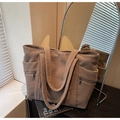 Spacious brown corduroy tote bag with vertical stripes and side zipper pockets - Brown