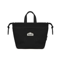 Detail view of the durable nylon fabric texture and branding on this black tote bag - Black