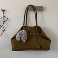 Brown large capacity matte suede tote bag with decorative buckle and plush rabbit charm - With Charm / Yellow Brown