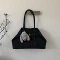 Large black matte tote bag with shoulder strap and plush charm for casual commuting - With Charm / Black