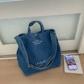 Dettaglio della borsa tote in denim blu con tracolla regolabile e chiusura in metallo - Blu scuro
