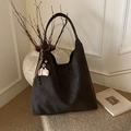 Minimalist dark brown suede tote bag with a coffee cup pendant and Hobo style design - With Charm / Black