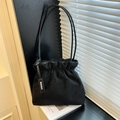 Minimalist black suede bucket bag with drawstring detail and dual slim shoulder straps - Black