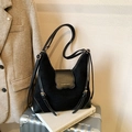 Retro black matte hobo shoulder bag with contrast stitching and adjustable metal strap - Black