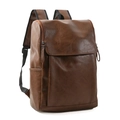 Detail view of brown leather backpack with front flap, side pockets and adjustable straps - Yellow Brown
