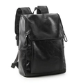 Detail view of large capacity black leather backpack with side pockets and zipper closure - Black