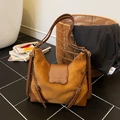 Brown color-block suede hobo bag with contrast leather details and fashion logo - Brown