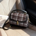 Classic vintage brown and white tweed crossbody bag with black leather trim and gold buckle - Black