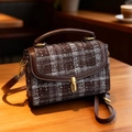 Vintage brown tweed crossbody bag with leather trim and golden metal clasp for women - Brown