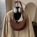 Vintage dark brown crescent shoulder bag in suede and smooth leather stitching - Coffee without Pendant