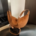 Brown suede crescent moon shoulder bag with smooth leather trim and adjustable strap - Brown No Pendant