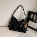 Black hobo shoulder bag with white contrast stitching and a cute bear charm pendant - With Pendant / Black