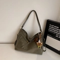 Deep olive green large leather hobo bag with white stitching and bear charm - With Pendant / Green