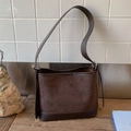 Minimalist coffee brown tote bag in matte suede and smooth leather with silver buckle - Brown