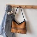 Minimalist brown suede tote bag with black leather straps and embroidered AHE logo - Light Brown Without Charm