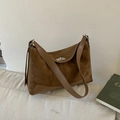 Retro brown suede underarm bag with frosted texture and vintage silver rotating lock - Brown