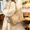 Large beige corduroy tote bag for women with front zipper pocket and round pouch charm - Khaki