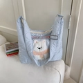 Light blue quilted tote bag with lucky puppy embroidery for daily commuting - Blue White Dog