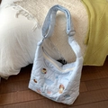 Sac fourre-tout en nylon bleu clair matelassé en cœur avec broderie chiot mignonne - Chien bleu