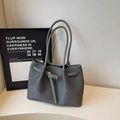 Minimalist dark grey woven tote bag featuring long handles and buckle detail - Grey Without Pendant