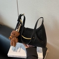 Minimalist black crescent hobo bag in matte leather with a cute brown bear charm - Black (with Pendant)