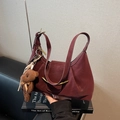 Dark burgundy half-moon crossbody bag in faux leather with a cute plush teddy bear charm - Wine Red (With Pendant)