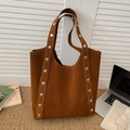 Large dark brown tote bag with metal studs and matte suede finish for daily commuting - Brown