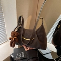 Deep brown half-moon shoulder bag with golden crescent buckle and teddy bear charm - Coffee (With Pendant)