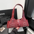 Dark red leather leopard print shoulder bag with silver studs and chic buckle strap - Red