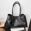 Retro black leather tote bag with gothic cross pendant and spacious shoulder strap design - Black