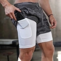 Close-up of men's camouflage 2-in-1 shorts featuring a built-in phone pocket on the liner - M / White Liner Grey Camo