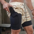 Men's camouflage 2-in-1 quick-dry gym shorts with phone pocket and breathable mesh - M / Black Liner Khaki Camo