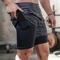 Men's 2-in-1 quick-dry gym shorts with hidden phone pocket and inner compression layer - M / Black Grey With Black Lining