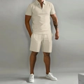 Completo estivo uomo con polo e pantaloncini beige, colletto con zip e coulisse in vita - S / Cachi