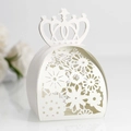 Detailed laser-cut pattern on white crown-shaped wedding favor candy gift box - Ivory