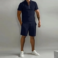 Men's navy blue casual polo set featuring a zip-up short sleeve shirt and drawstring shorts - S / Top And Bottom / Navy Blue