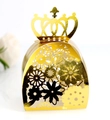 Detailed laser-cut hollow gold crown favor box with intricate floral patterns for weddings - Reflective Gold