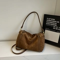 Sac hobo vintage en daim marron café avec lanières en cuir et boucles dorées - Marron