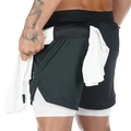 Detail of men's 2-in-1 sports shorts with towel loop and white compression liner - M / Black With White Lining