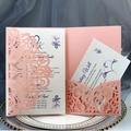Pink laser-cut wedding invitation set with floral hollow sleeve and white inner card - Pink