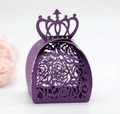 Elegant purple hollow crown candy box with laser-cut rose patterns for wedding gift packing - Dark Purple