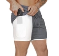 Close-up of men's double-layer sports shorts with deep grey outer and white phone pocket liner - M / Dark Grey With White Lining