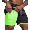Detail view of men's 2-in-1 shorts with phone pocket on the neon green inner layer - M / Fluorescent Lining Black