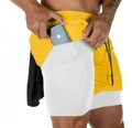 Detail of men's 2-in-1 running shorts with yellow fabric and inner phone pocket - M / Yellow With White Lining