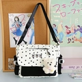 Sac bandoulière à motif d'étoiles noir et blanc avec pendentif ours pour étudiants - Noir avec pendentif