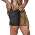 Detail view of khaki running shorts with built-in black compression liner and phone pocket - M / Khaki With Black Lining
