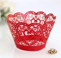 Red laser-cut muffin cup wrappers with intricate heart patterns for party decoration - Pearlescent Red