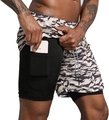 Close-up of men's double-layer sports shorts with camo pattern and hidden phone pocket - M / Black Camouflage Pattern