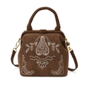 Vintage shell bag in brown frosted leather with white embroidery and top handle - Brown